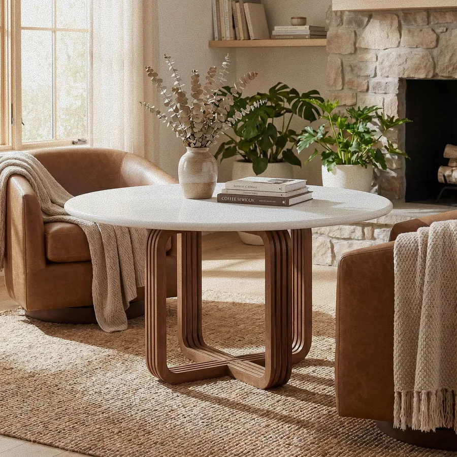 A generated living room assembled from product and space references.